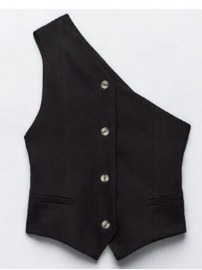 Zara Asymmetric One-Shoulder Black Button Vest linen blend